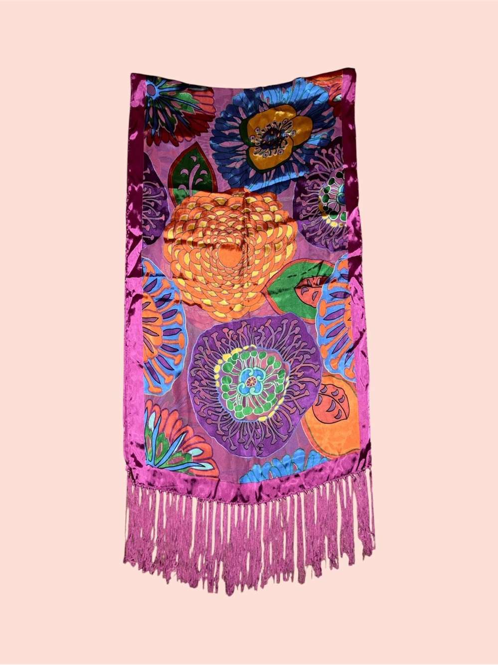 Floral Silk Fringe Scarf
